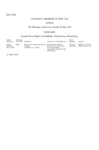 G.N[removed]CONTRACT AWARDED IN MAY 2014 NOTICE The following contract was awarded in May 2014 JUDICIARY Ground Floor, High Court Building, 38 Queensway, Hong Kong.