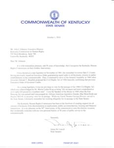 COMMONWEALTH OF KENTUCKY STATE SENATE October 1,2010  Mr. John J. Johnson, Executive Director