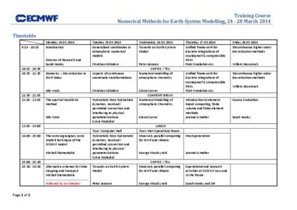 Training Course Numerical Methods for Earth-System Modelling, [removed]March 2014 Timetable 9:[removed]:15  Monday[removed]
