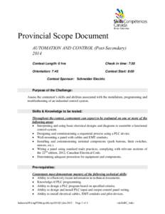 Provincial Scope Document AUTOMATION AND CONTROL (Post-Secondary[removed]Contest Length: 6 hrs  Check in time: 7:30