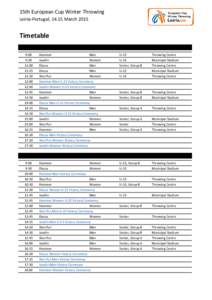 15th European Cup Winter Throwing Leiria-Portugal, 14.15 March 2015 Timetable Saturday, 14 March[removed]Day 1 9:00