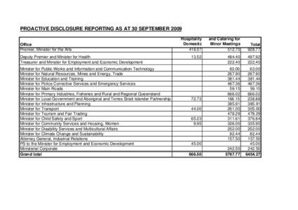PROACTIVE DISCLOSURE REPORTING AS AT 30 SEPTEMBER 2009 Office Premier, Minister for the Arts Deputy Premier and Minister for Health Treasurer and Minister for Employment and Economic Development Minister for Public Works