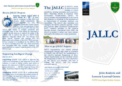 Joint Analysis and Lessons Learned Centre NATO’s Lead Agent for Joint Analysis Recent JALLC Projects Exercise Trident Jaguar 2014 & 2015 (TRJR) – In these