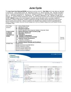 June Cycle The June Cycle Core Data and MOSIS submissions are due June 30. Core Data end-of-year data are reported on Screens 07 - Library Media Center, 08 - Attendance Center, 10 - School Calendar, 18A - Educator Evalua