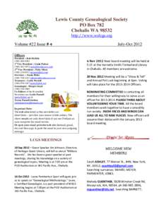 Lewis County Genealogical Society PO Box 782 Chehalis WAhttp://www.walcgs.org  Volume #22 Issue # 4