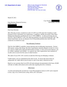 U.S. Department of Labor  Office of Labor-Management Standards Cleveland District Office 1240 East 9th Street, Suite 831 Cleveland, OH 44199