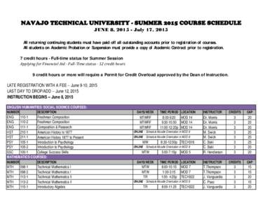 NAVAJO TECHNICAL UNIVERSITY - SUMMER 2015 COURSE SCHEDULE JUNE 8, [removed]July 17, 2015 All returning/ continuing students must have paid off all outstanding accounts prior to registration of courses. All students on Acad