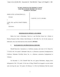 Case 2:13-cv[removed]JRG Document 32 Filed[removed]Page 1 of 5 PageID #: 450  IN THE UNITED STATES DISTRICT COURT FOR THE EASTERN DISTRICT OF TEXAS MARSHALL DIVISION INNOVATIVE AUTOMATION LLC,