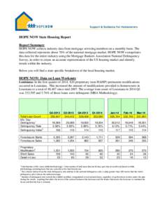 HOPE NOW State Housing Report Report Summary HOPE NOW collects industry data from mortgage servicing members on a monthly basis. The data collected represents about 70% of the national mortgage market. HOPE NOW extrapola