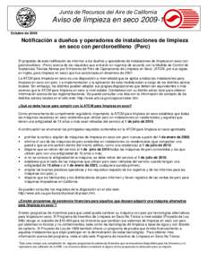 Junta de Recursos del Aire de California  Aviso de limpieza en seco[removed]Octubre de[removed]Notificación a dueños y operadores de instalaciones de limpieza