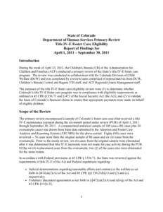 Colorado Primary Review Title IV-E Foster Care Eligibility Report of Findings