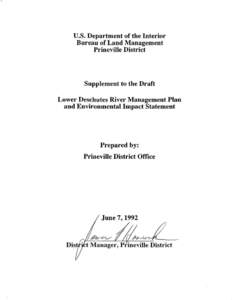 1992 Supplement to the Draft Lower Deschutes River Management Plan and EIS