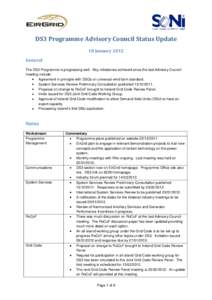 DS3 Programme Advisory Council Status Update 18 January 2012 General The DS3 Programme is progressing well. Key milestones achieved since the last Advisory Council meeting include: Agreement in principle with DSOs on uni