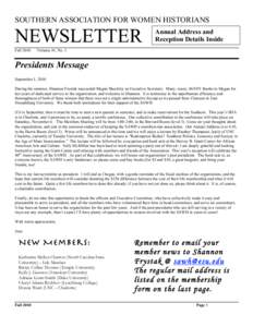 SOUTHERN ASSOCIATION FOR WOMEN HISTORIANS  NEWSLETTER Fall[removed]Annual Address and