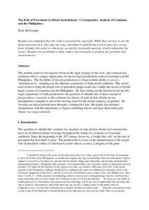 The Role of Precedents in Mixed Jurisdictions: A Comparative Analysis of Louisiana and the Philippines Ryan McGonigle