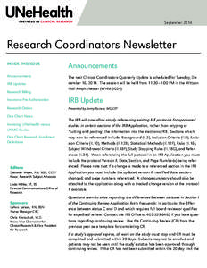 September[removed]Research Coordinators Newsletter INSIDE THIS ISSUE  Announcements