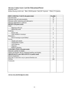 Stevens County Score Card for Educational Poster Exhibitor Name:_____________________________________________________________ Ribbon Placing (circle one) Blue[removed]points) Red[removed]points) White[removed]points) EDUCAT