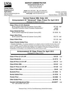 Milk / Dairy products / Butterfat / Powdered milk / Whey / Skim / Butter-Powder Tilt / Classified pricing