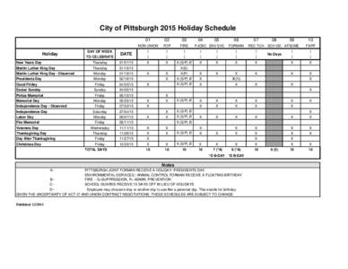 City of Pittsburgh 2015 Holiday Schedule  Holiday DAY OF WEEK TO CELEBRATE