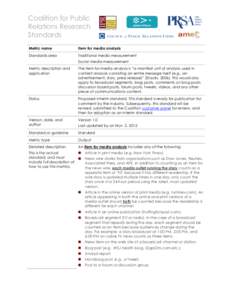 Coalition for Public Relations Research Standards Metric name  Item for media analysis