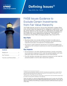Defining IssuesFASB Issues Guidance to Exclude Certain Investments from Fair Value Hierarchy