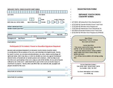 DEFIANCE YOUTH CROSS COUNTRY MEET SERIES  I REGISTRATION FORM