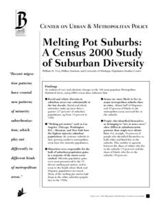 Center on Urban & Metropolitan Policy  Melting Pot Suburbs: A Census 2000 Study of Suburban Diversity “Recent migration patterns