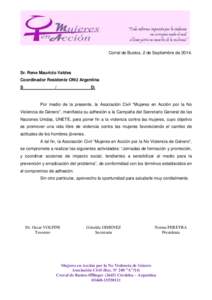 Corral de Bustos, 2 de Septiembre deSr. Rene Mauricio Valdes Coordinador Residente ONU Argentina S