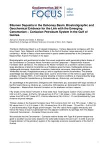 Bitumen Deposits in the Dahomey Basin: Biostratigraphic and Geochemical Evidence for the Link with the Emerging Cenomanian – Coniacian Petroleum System in the Gulf of Guinea. Samuel O. Akande and Olabisi A. Adekeye Dep