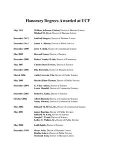 Honorary Degrees Awarded at UCF May 2013 William Jefferson Clinton, Doctor of Humane Letters Michael M. Crow, Doctor of Humane Letters