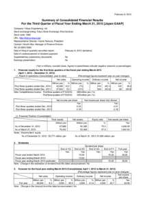 February 8, 2013  Summary of Consolidated Financial Results For the Third Quarter of Fiscal Year Ending March 31, 2013 [Japan GAAP] Company: Hibiya Engineering, Ltd. Stock exchange listing: Tokyo Stock Exchange (First Se