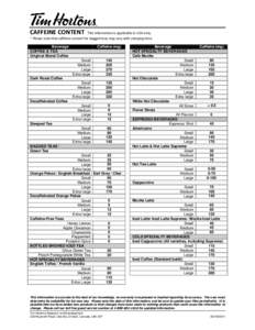 CAFFEINE CONTENT  This information is applicable in USA only. * Please note that caffeine content for bagged teas may vary with steeping time. Beverage COFFEE & TEA