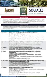 Ciudad Universitaria, 27 de abril deBoletín 7  Felicitaciones El Instituto de Investigaciones Sociales de la Universidad Nacional Autónoma de México felicita a la doctora Laura B. Montes de Oca Barrera por habe