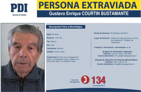 Gustavo Enrique COURTIN BUSTAMANTE  Edad: 86 años. Estatura: 1.60 mts. Tez: Blanca.