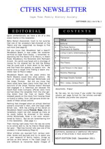 CTFHS NEWSLETTER Cape Town Family History Society SEPTEMBER 2011 Vol 6 No 3 EDITORIAL