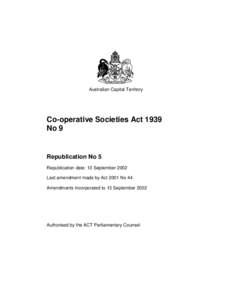 Australian Capital Territory  Co-operative Societies Act 1939 No 9  Republication No 5