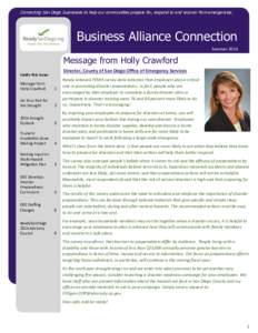 Connecting San Diego businesses to help our communities prepare for, respond to and recover from emergencies.  Business Alliance Connection Summer[removed]Message from Holly Crawford