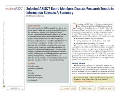 InsideASIS&T  Selected ASIS&T Board Members Discuss Research Trends in Information Science: A Summary  Bulletin of the Association for Information Science and Technology – October/November 2013 – Volume 40, Number 1