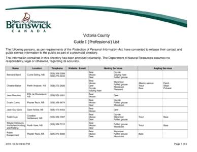 Victoria County Guide I (Professional) List The following persons, as per requirements of the Protection of Personal Information Act, have consented to release their contact and guide service information to the public as