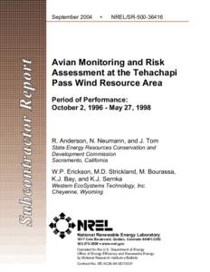 Avian Monitoring and Risk Assessment at the Tehachapi Pass Wind Resource Area: October 2, [removed]May 27, 1998
