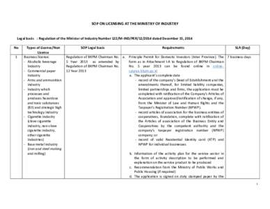 SOP ON LICENSING AT THE MINISTRY OF INDUSTRY  Legal basis : Regulation of the Minister of Industry Number 122/M-IND/PER[removed]dated December 15, 2014 No 1
