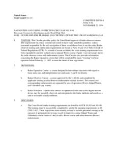 United States Coast Guard 202) 267COMDTPUB P16700.4 NVIC 9-94 NOVEMBER 23, 1994 NAVIGATION AND VESSEL INSPECTION CIRCULAR NO[removed]Electronic Version for Distribution on the World Wide Web