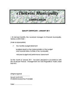 Ethekwini Municipality Monthly In Year Reports &慭瀻 Supporting Documents   January  2011
