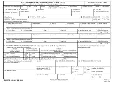 U.S. ARMY ABBREVIATED GROUND ACCIDENT REPORT (AGAR)  REQUIREMENTS CONTROL SYMBOL CSOCS-308  For use of this form, see and DA Pamphlet[removed]; the proponent agency is OCSA