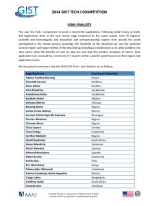 2014 GIST TECH-I COMPETITION SEMI-FINALISTS This year the Tech-I competition received a record 502 applications. Following initial review at AAAS, 428 applications went to the next review stage conducted by the expert pa