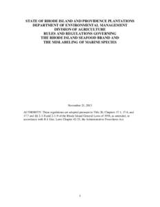 RI DEM/Agriculture- Rules and Regulations Governing the Rhode Island Seafood Brand and the Mislabeling of Marine Species