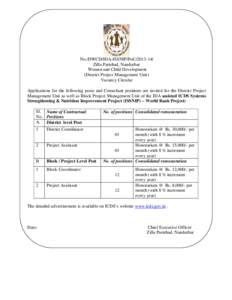 No./DWCD/IDA-ISSNIP/PoC[removed]Zilla Parishad, Nandurbar Women and Child Development (District Project Management Unit) Vacancy Circular Applications for the following posts and Consultant positions are invited for the