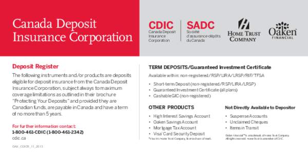 Canada Deposit Insurance Corporation CDIC	  SADC