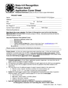 State 4-H Recognition Project Award Application Cover Sheet Personal Information (Click on line or in box to type information) PROJECT NAME Name