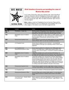 Brief timeline of events surrounding the case of Mumia Abu-Jamal For 27 years, Mumia Abu-Jamal, born Wesley Cook, lived a life without incident or interaction with the Philadelphia criminal justice system. He was a fathe